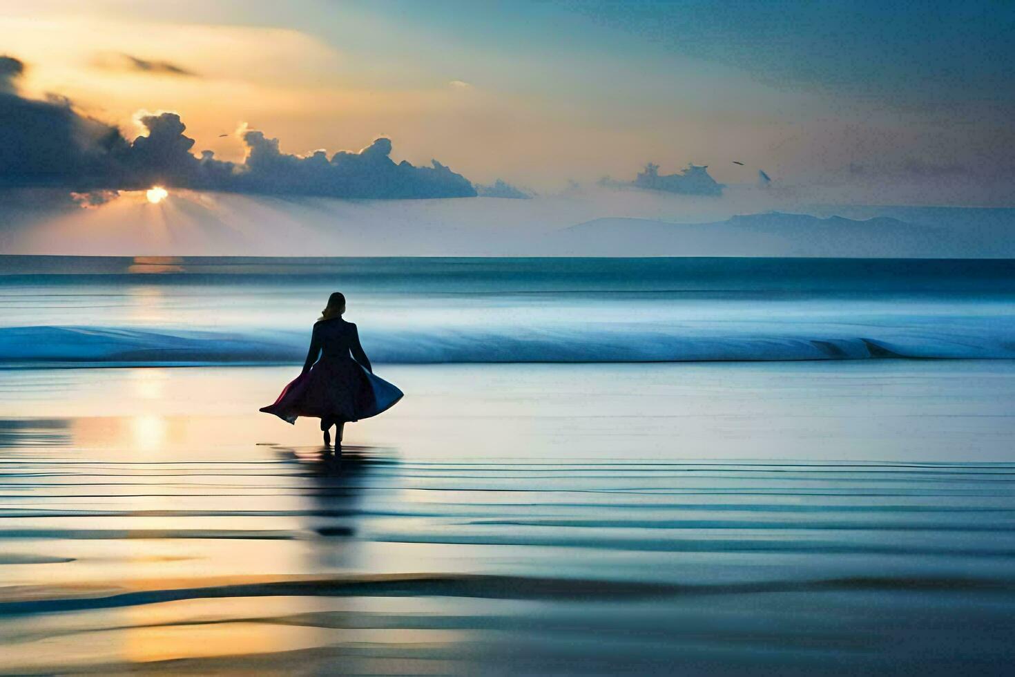 un mujer caminando en el playa a puesta de sol. generado por ai foto