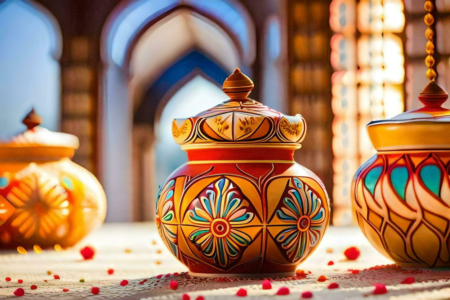 three colorful vases with designs on them. AI-Generated photo