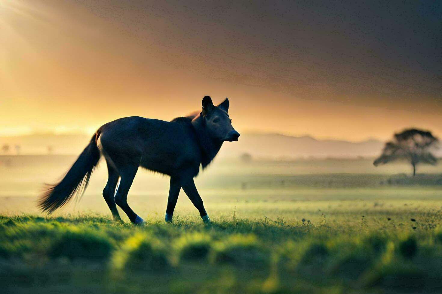 un negro caballo es caminando en el césped a puesta de sol. generado por ai foto