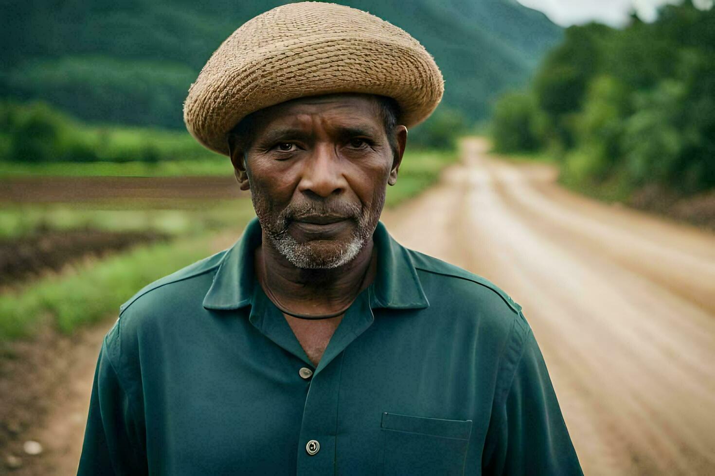 a man wearing a straw hat stands on a dirt road. AI-Generated photo