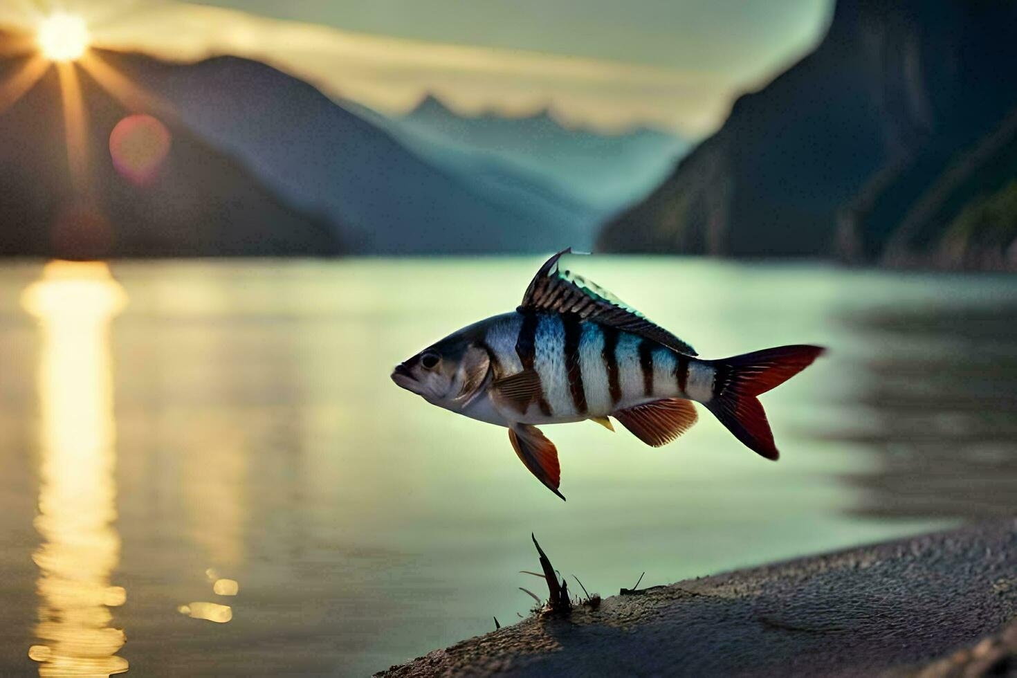 a fish is jumping out of the water at sunset. AI-Generated photo