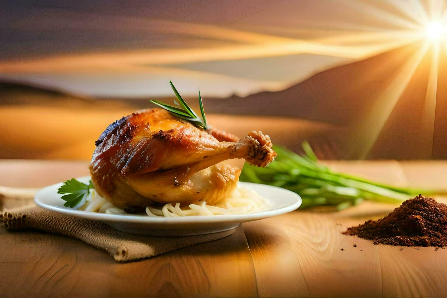 chicken on a plate with a bowl of pasta and spices. AI-Generated photo