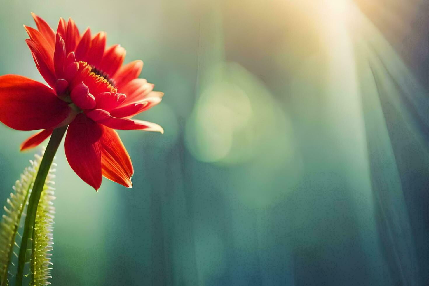 a red flower is in front of a bright sun. AI-Generated photo