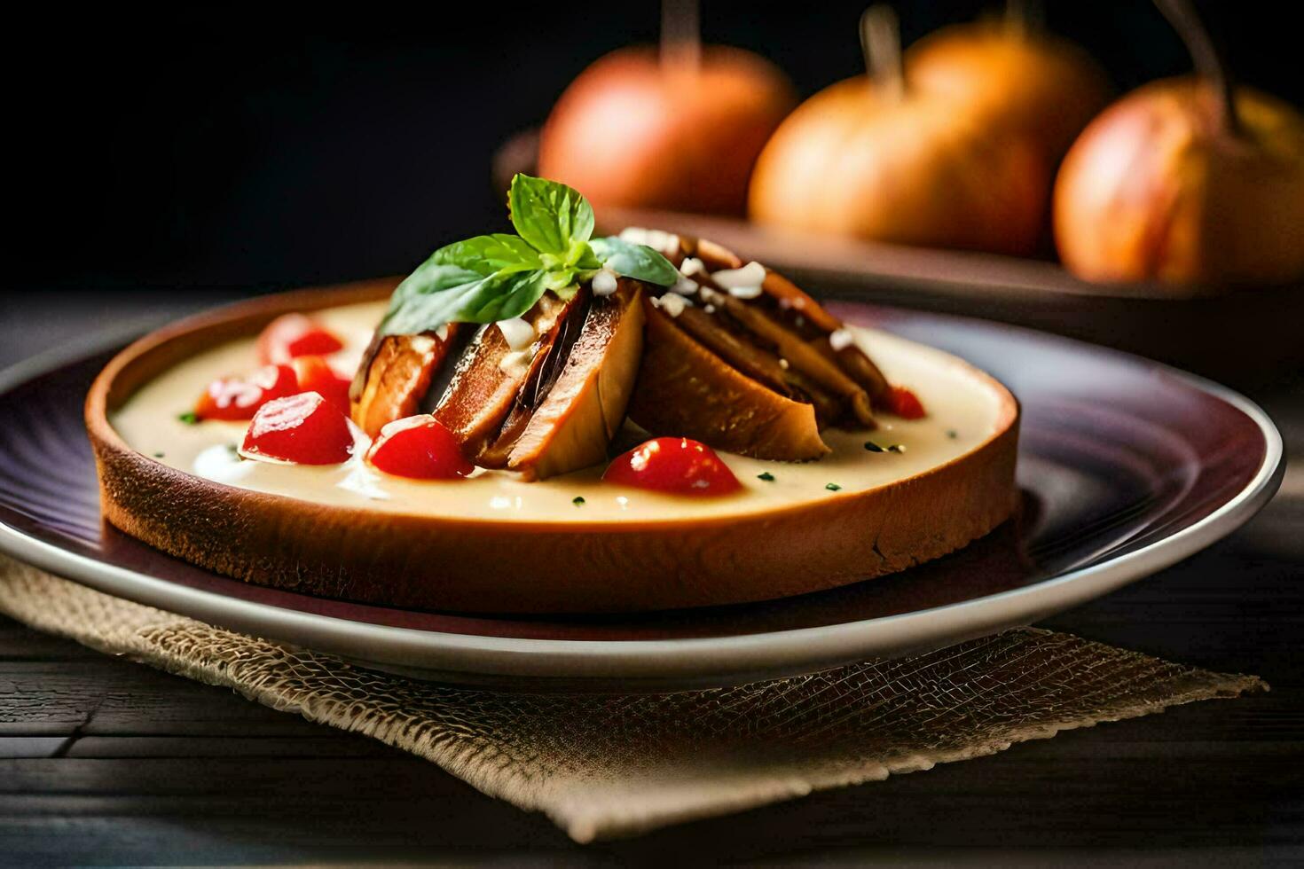 a dessert on a plate with fruit and mint. AI-Generated photo