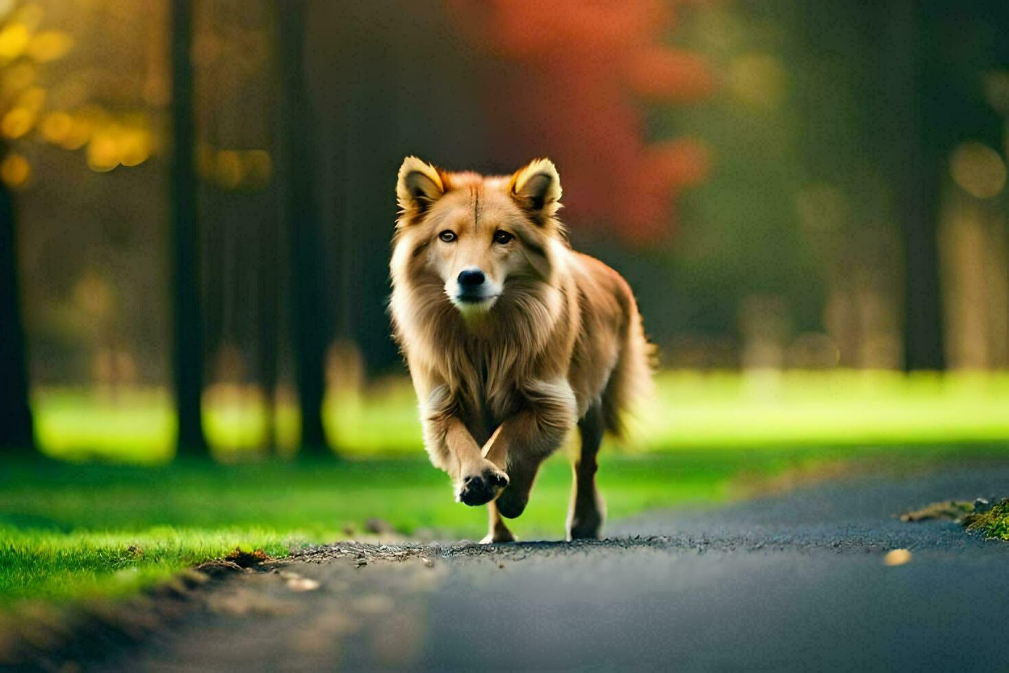 un perro corriendo en un camino en el bosque. generado por ai foto