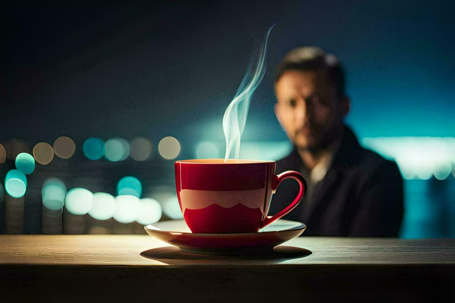 a man sitting at a table with a cup of coffee. AI-Generated photo