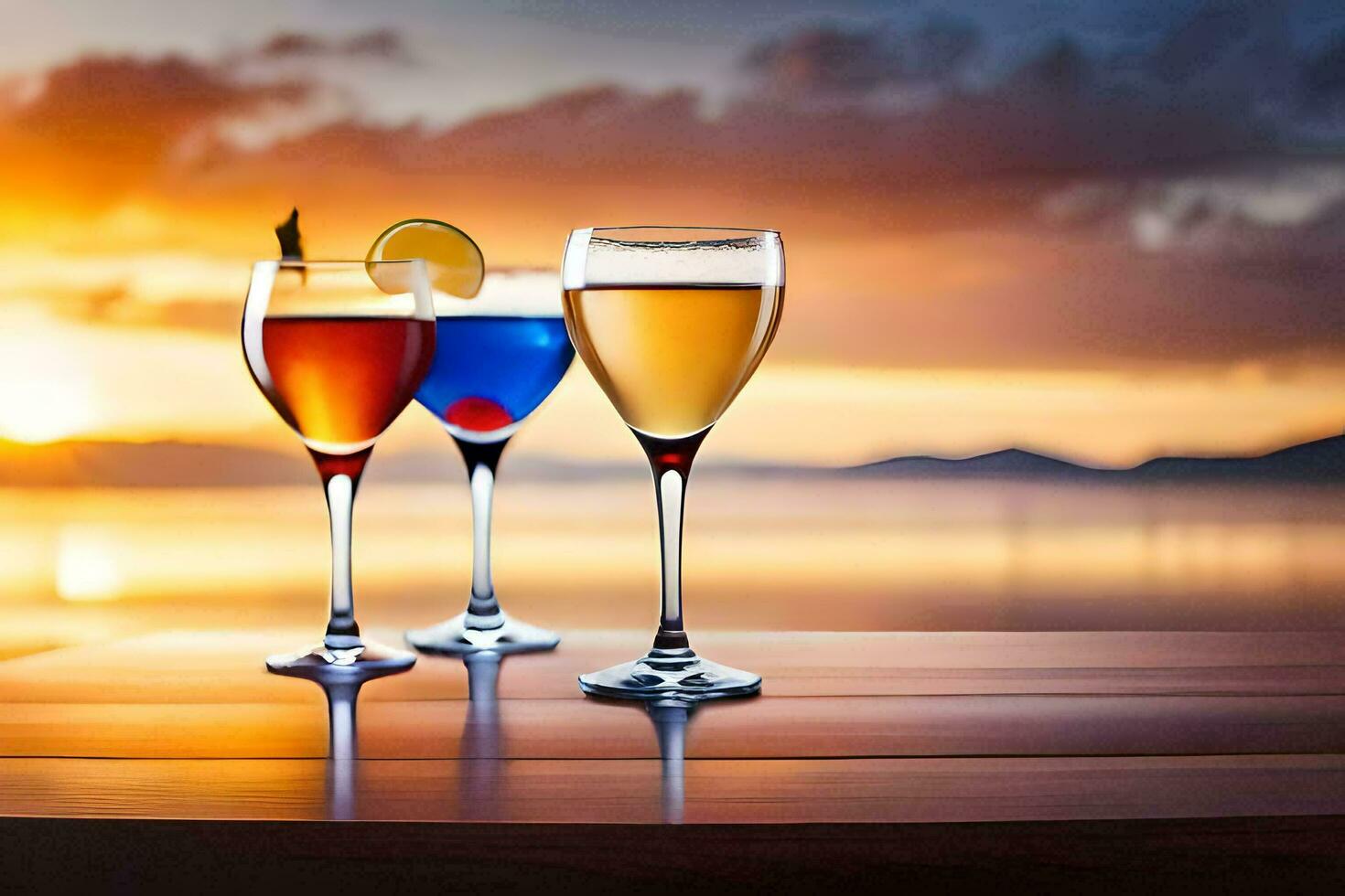 three glasses of wine on a table with sunset in the background. AI-Generated photo