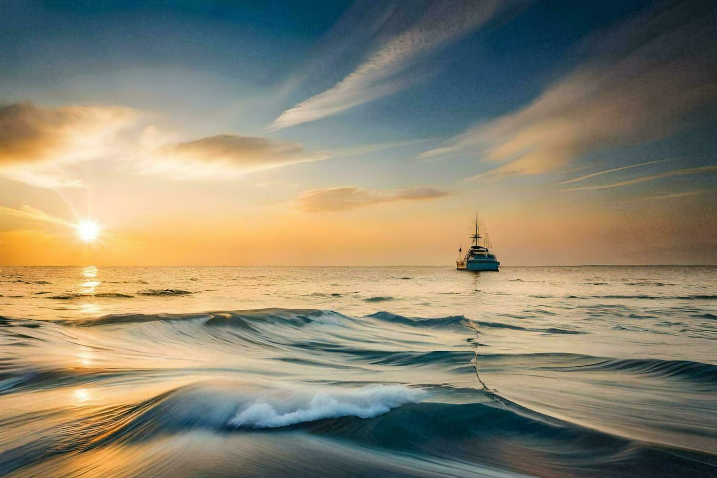 a boat in the ocean at sunset. AI-Generated photo
