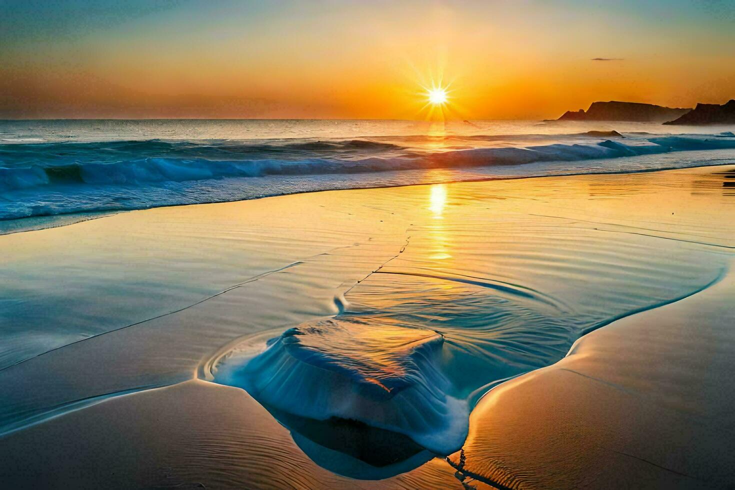 the sun sets over the ocean and waves. AI-Generated photo