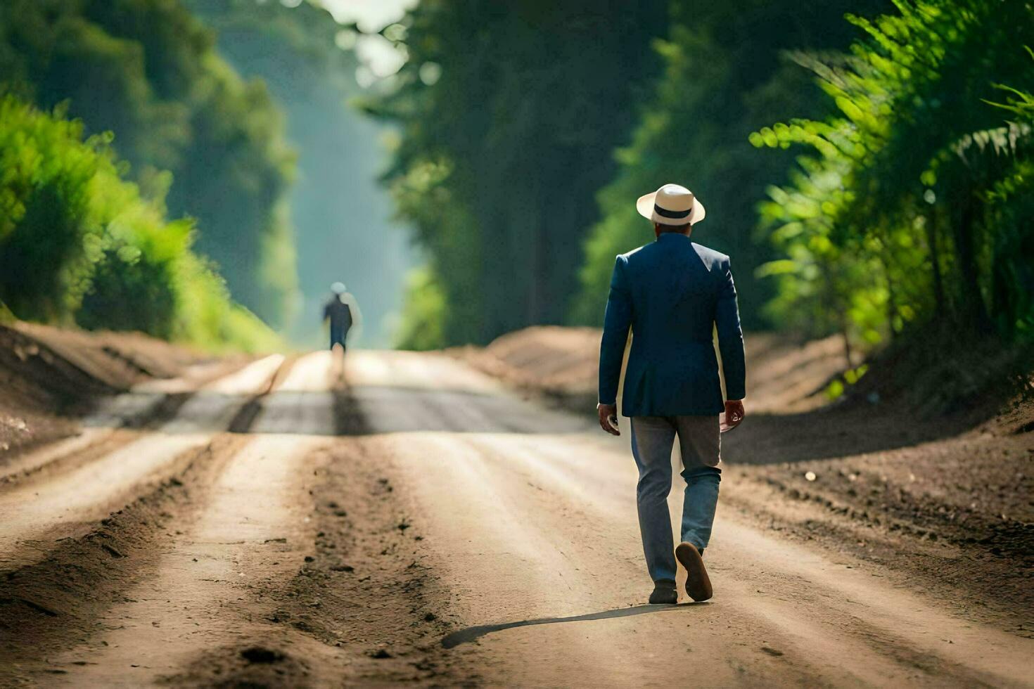 a man in a suit and hat walking down a dirt road. AI-Generated photo