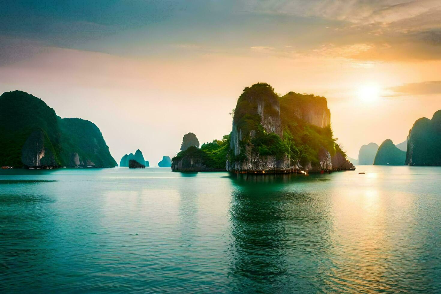 the sun sets over the water in halong bay. AI-Generated photo
