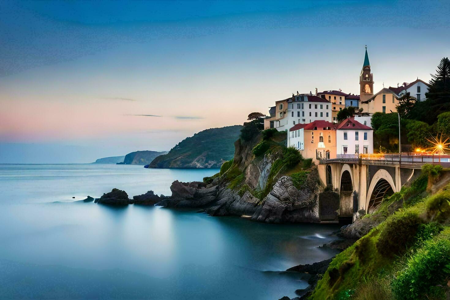 un hermosa pueblo en el costa con un puente y un iglesia. generado por ai foto