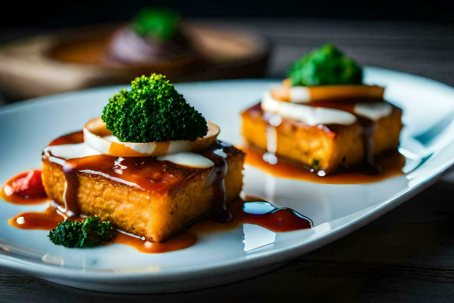 two pieces of food on a white plate. AI-Generated photo