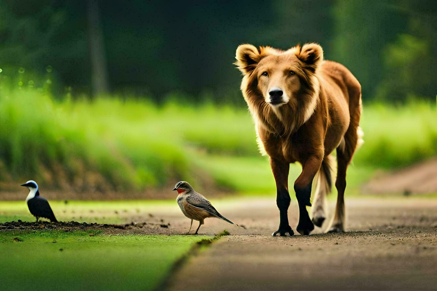 a lion and a bird walk on a road. AI-Generated photo