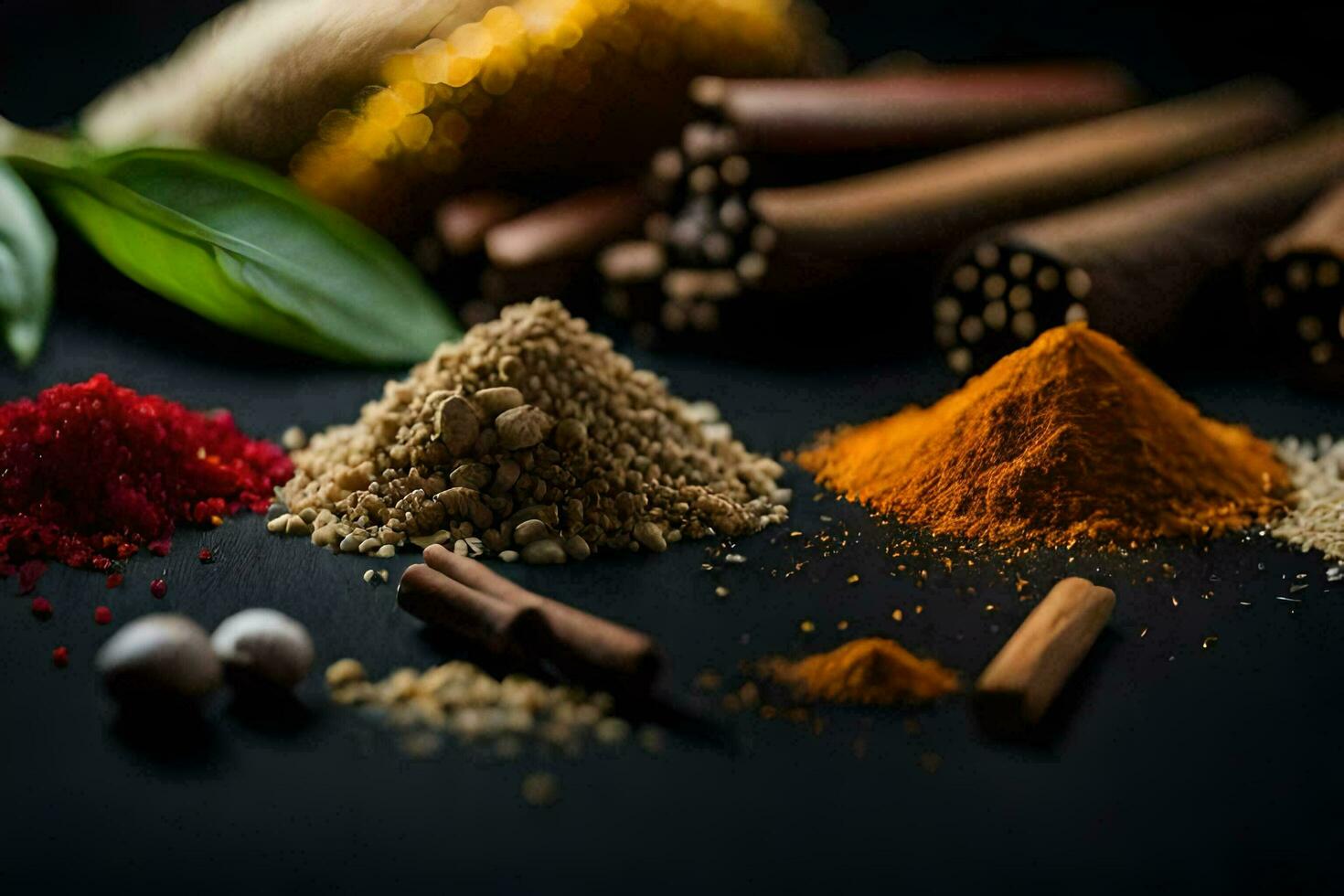 various spices and spices on a black background. AI-Generated photo