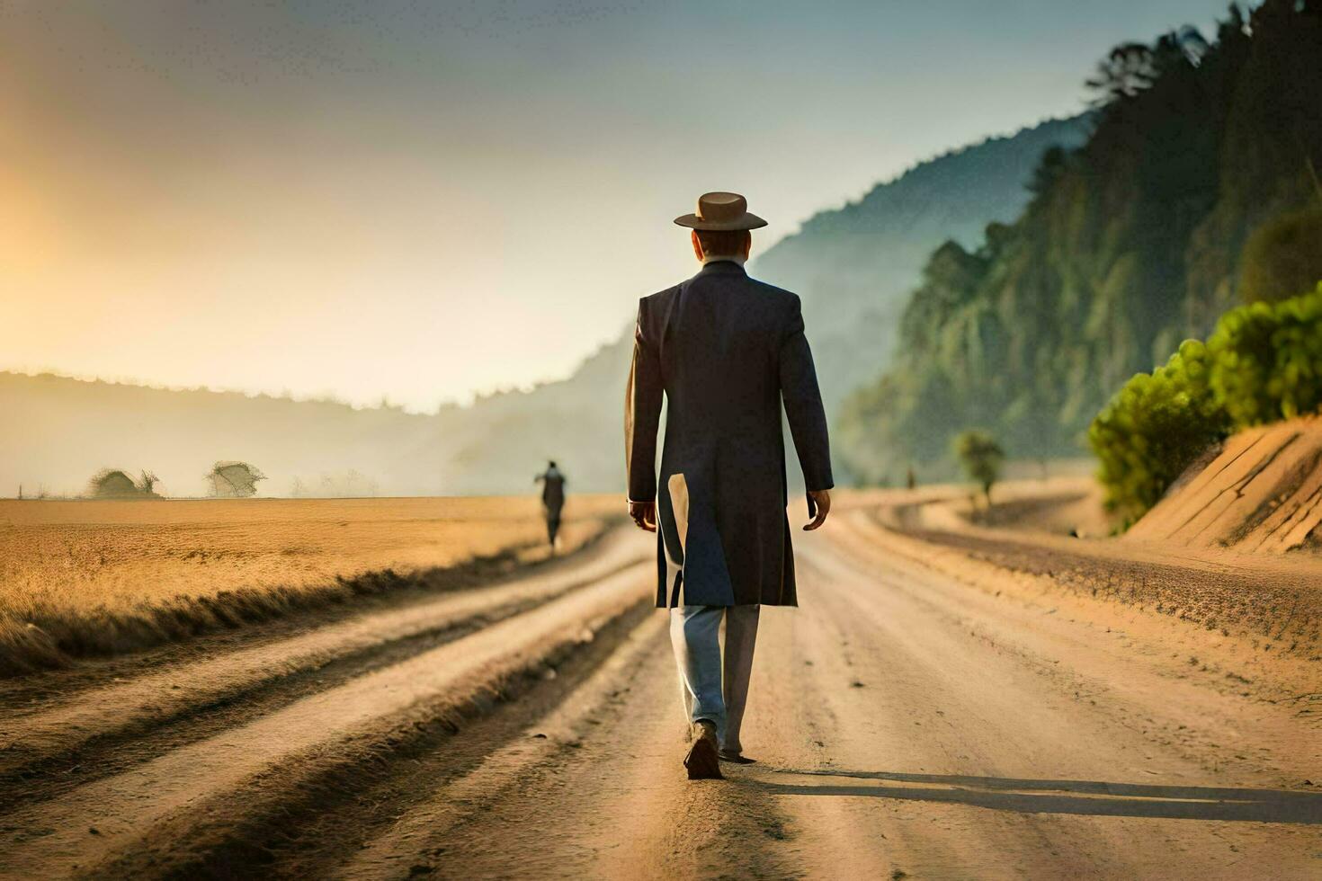 a man in a suit and hat walking down a dirt road. AI-Generated photo