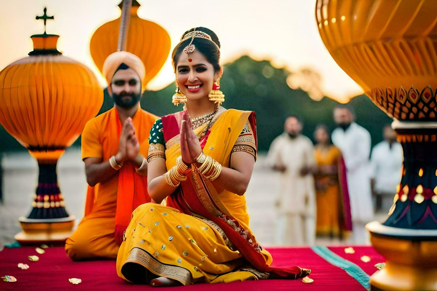 a woman in an indian dress sitting on a red carpet. AI-Generated photo