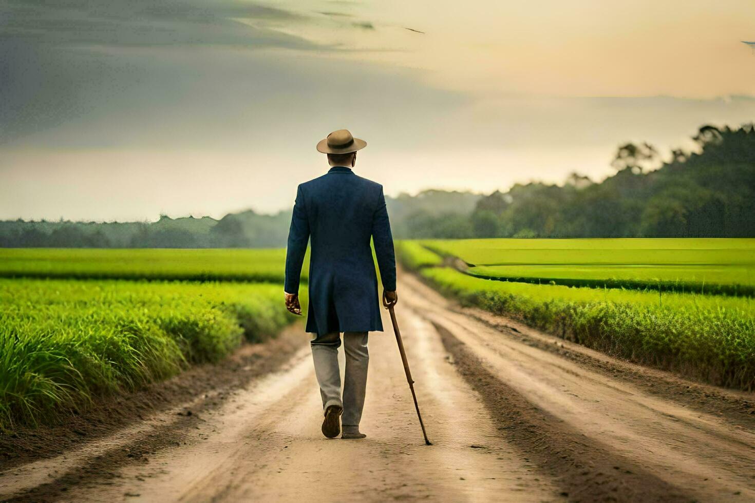 a man in a blue suit walks down a dirt road in front of a green field. AI-Generated photo