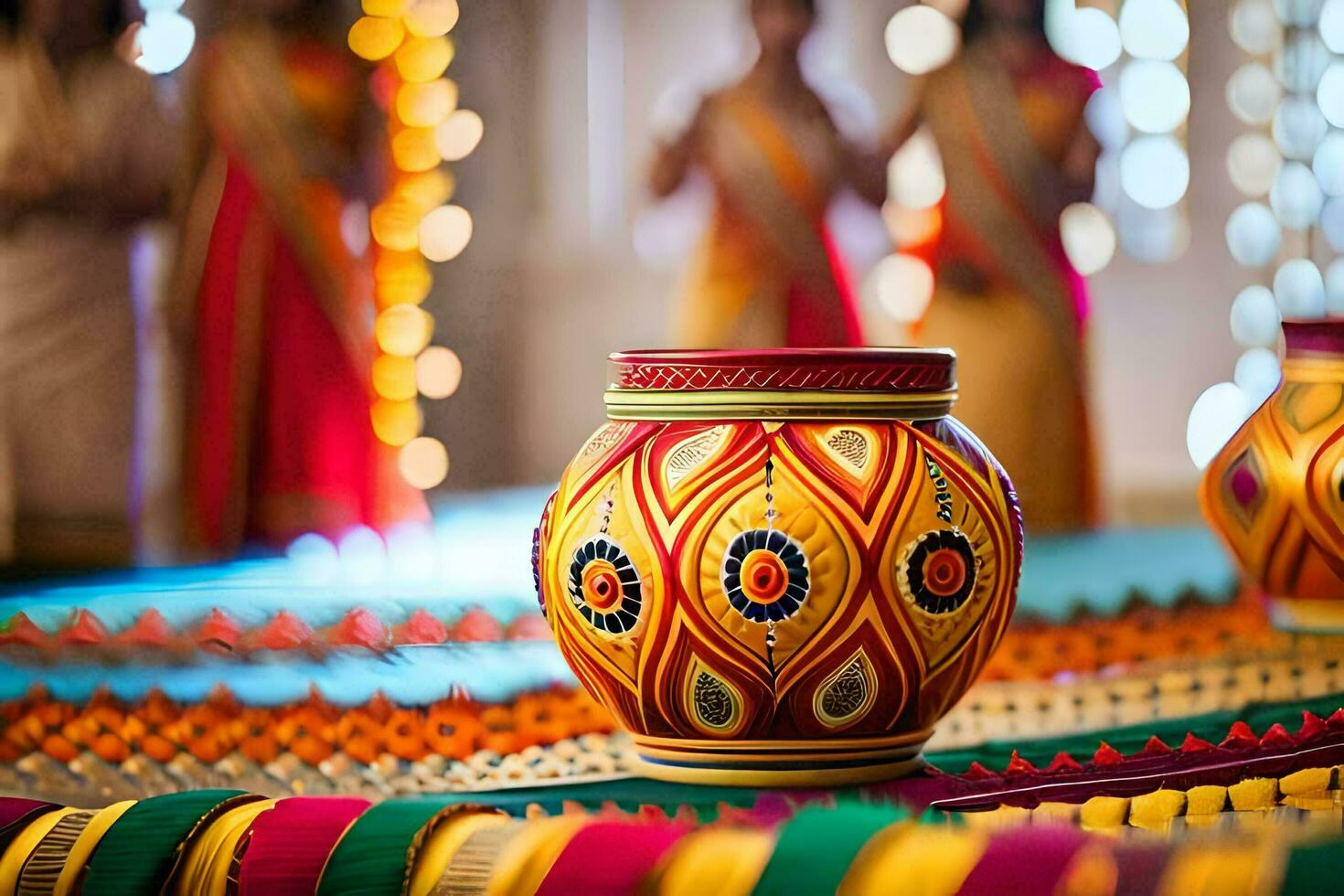 a colorful pot sitting on a table with women in the background. AI-Generated photo