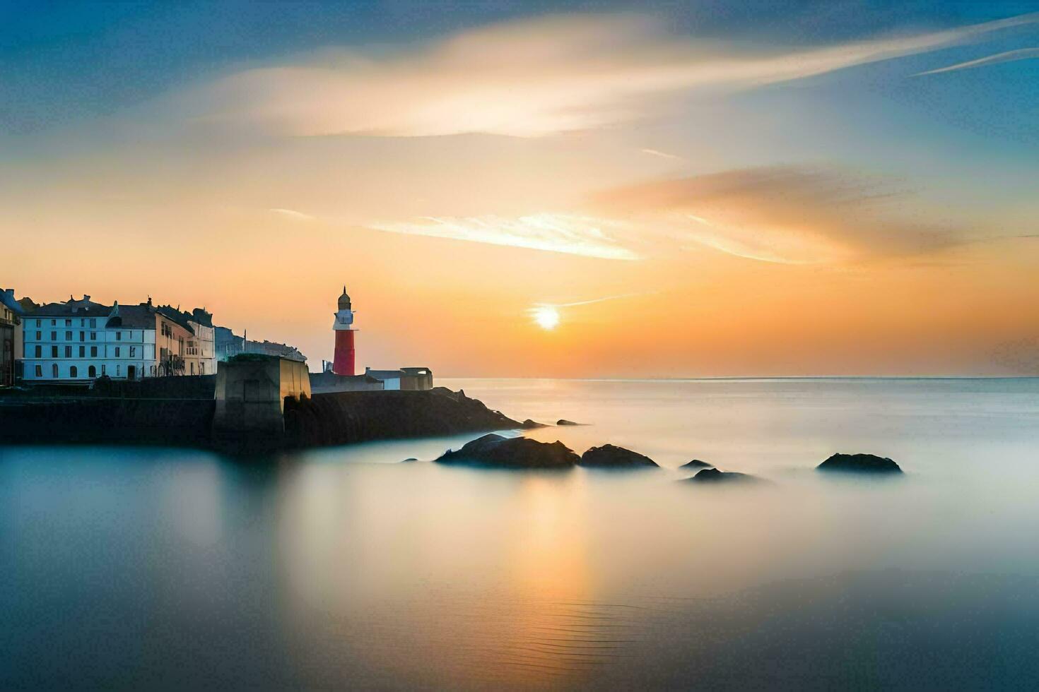 a long exposure photograph of a lighthouse at sunset. AI-Generated photo