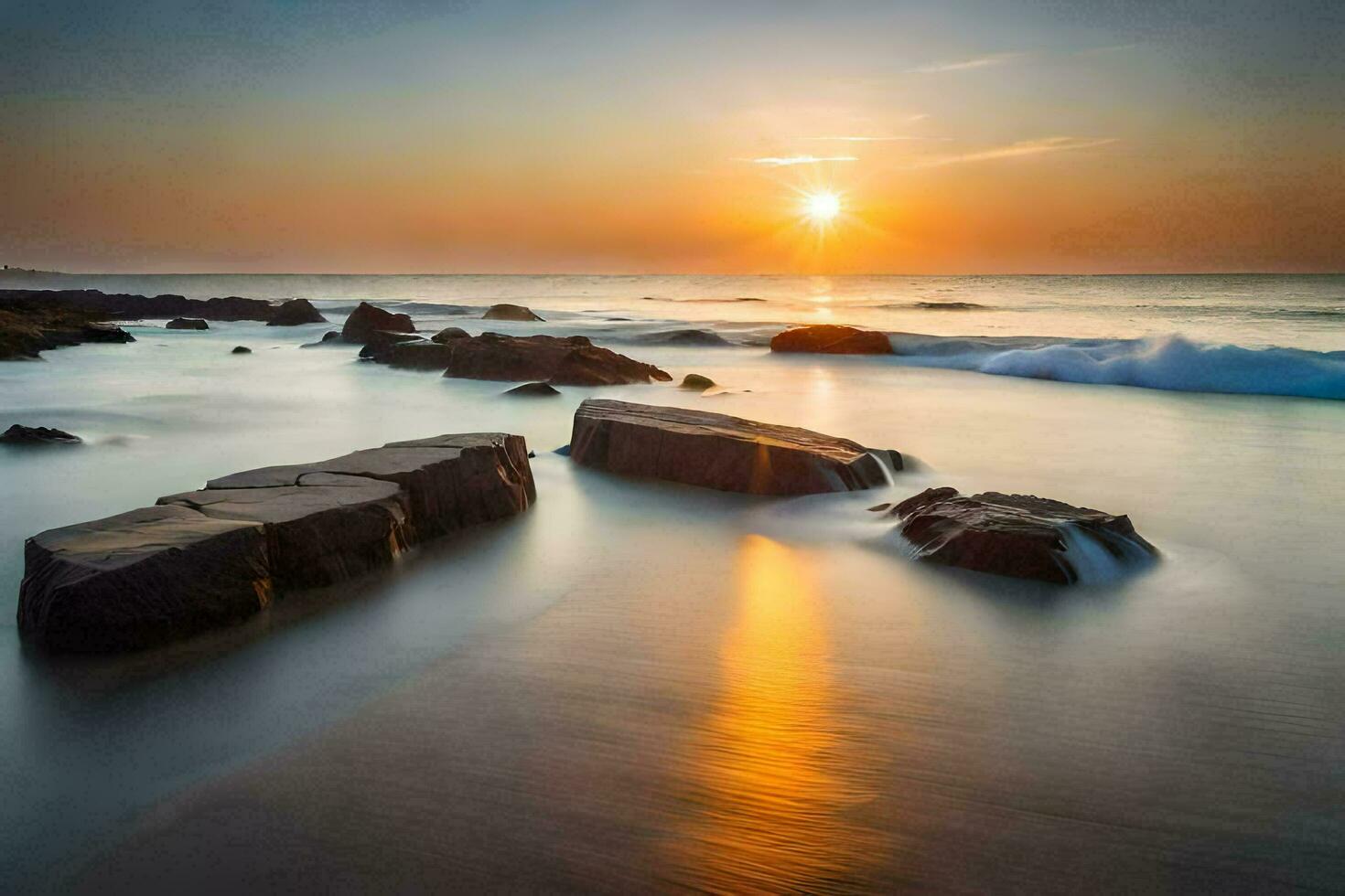 the sun rises over the ocean and rocks in the water. AI-Generated photo