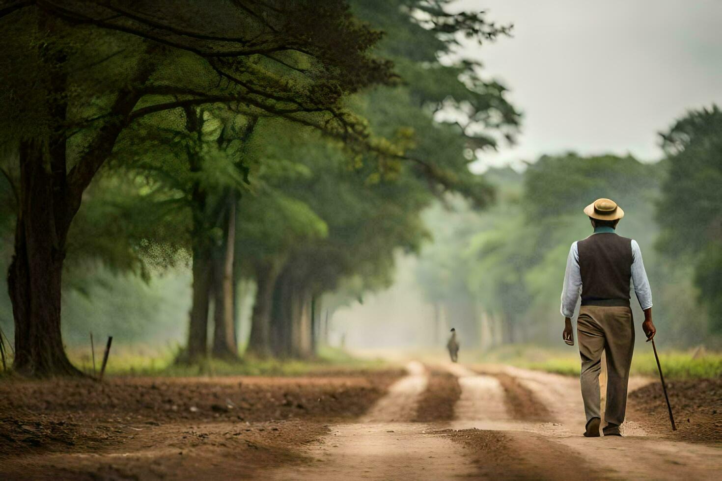 a man walking down a dirt road with a cane. AI-Generated photo