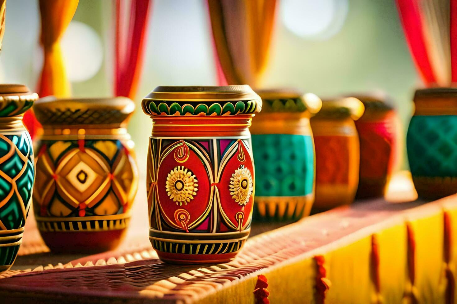 colorful vases on display at a wedding. AI-Generated photo