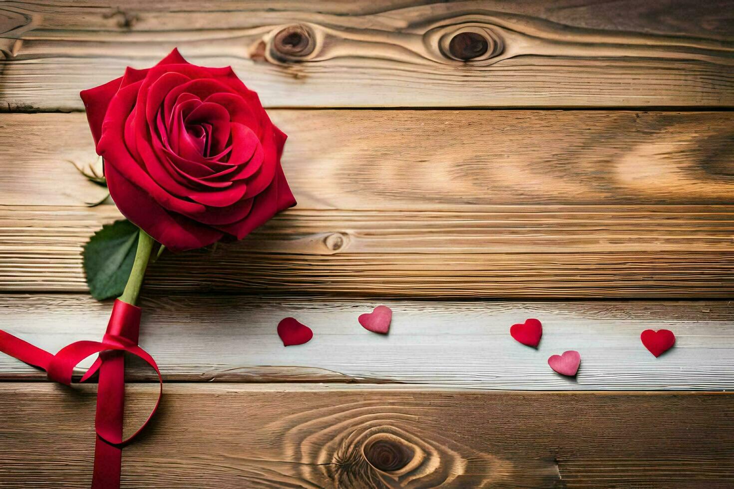 a single red rose on a wooden table with hearts. AI-Generated photo