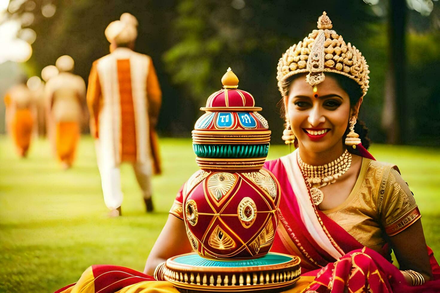 un mujer en tradicional indio atuendo se sienta en el césped con un grande maceta. generado por ai foto