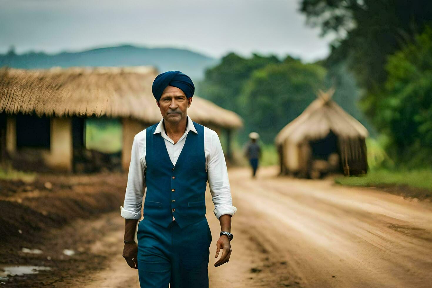 a man in a turban walks down a dirt road. AI-Generated photo