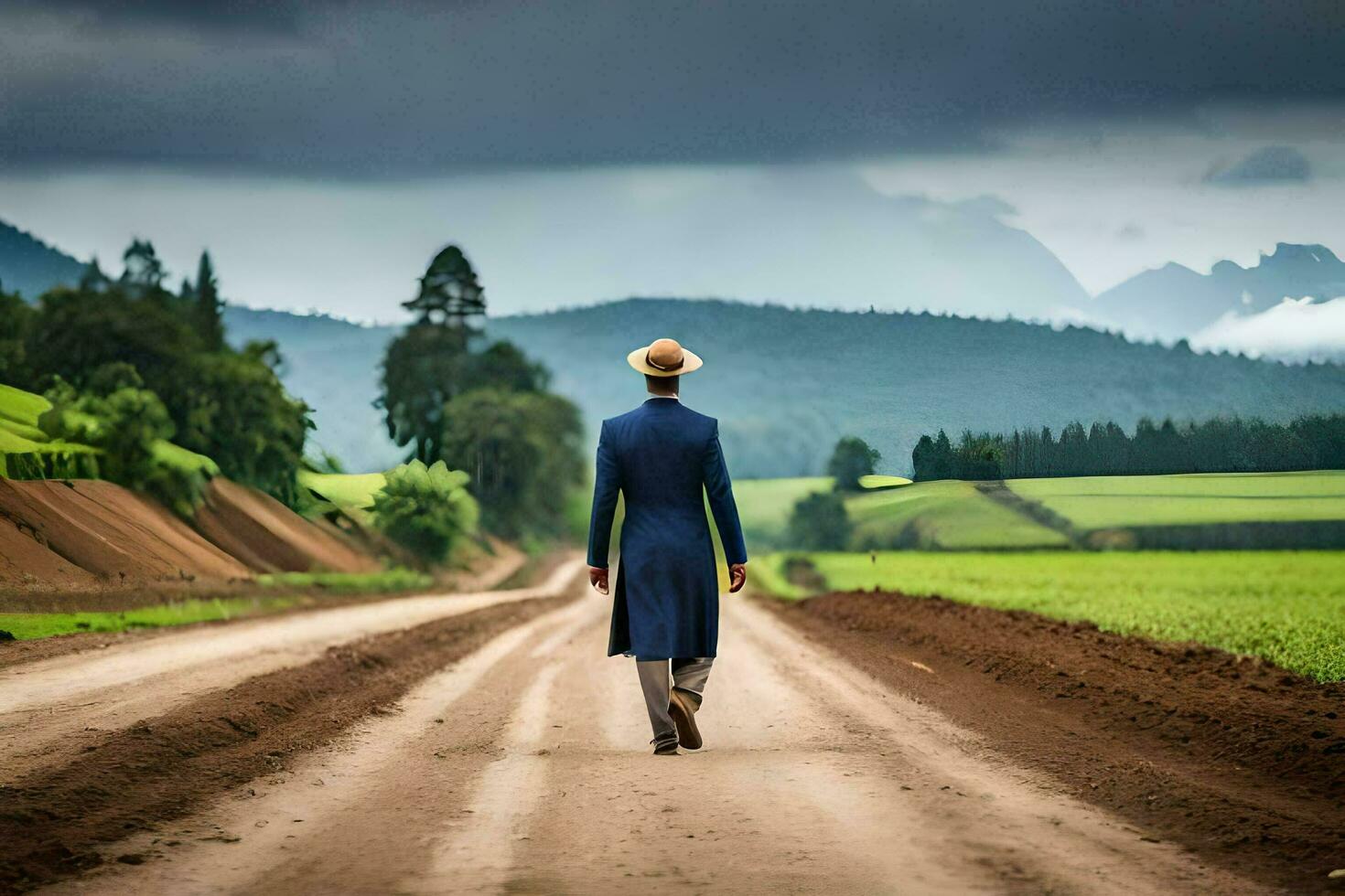 a man in a blue suit walks down a dirt road. AI-Generated photo