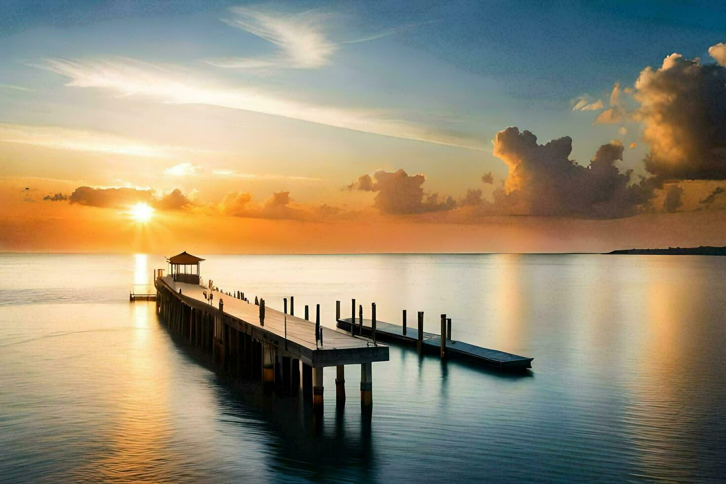 a pier in the ocean at sunset. AI-Generated photo