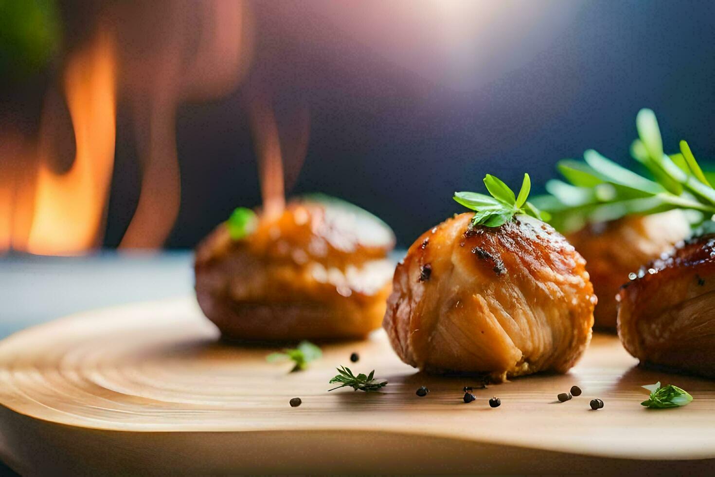 small pieces of meat on a wooden board with herbs. AI-Generated photo