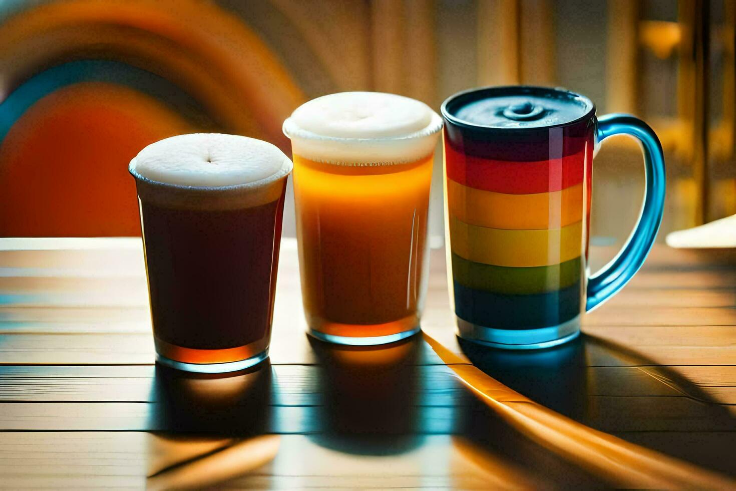 three different colored beers sit on a table. AI-Generated photo
