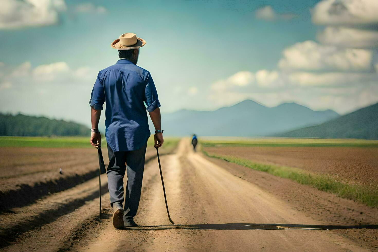 un hombre caminando en un suciedad la carretera con un sombrero y caña. generado por ai foto