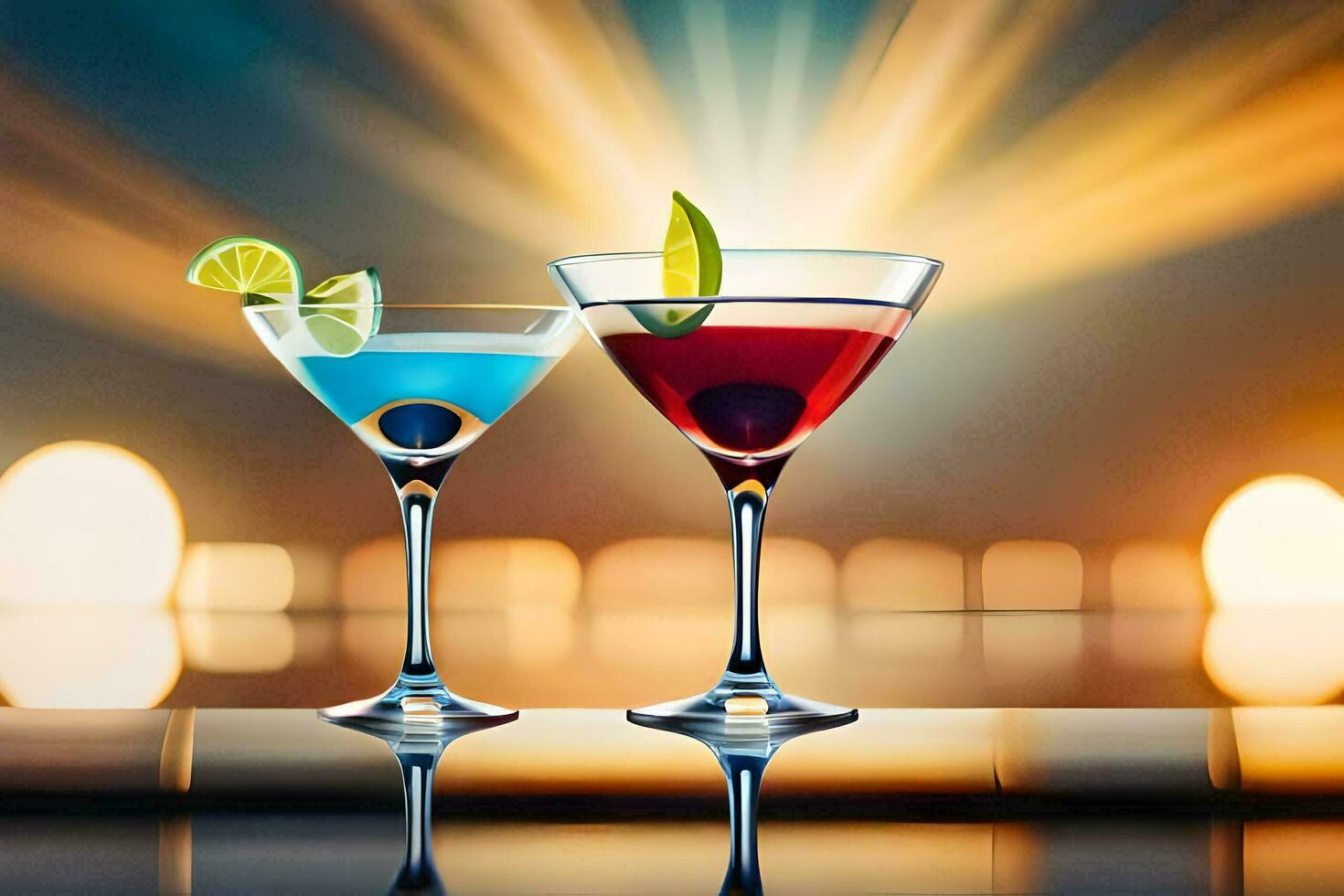 two martini glasses with colorful drinks on a table. AI-Generated photo