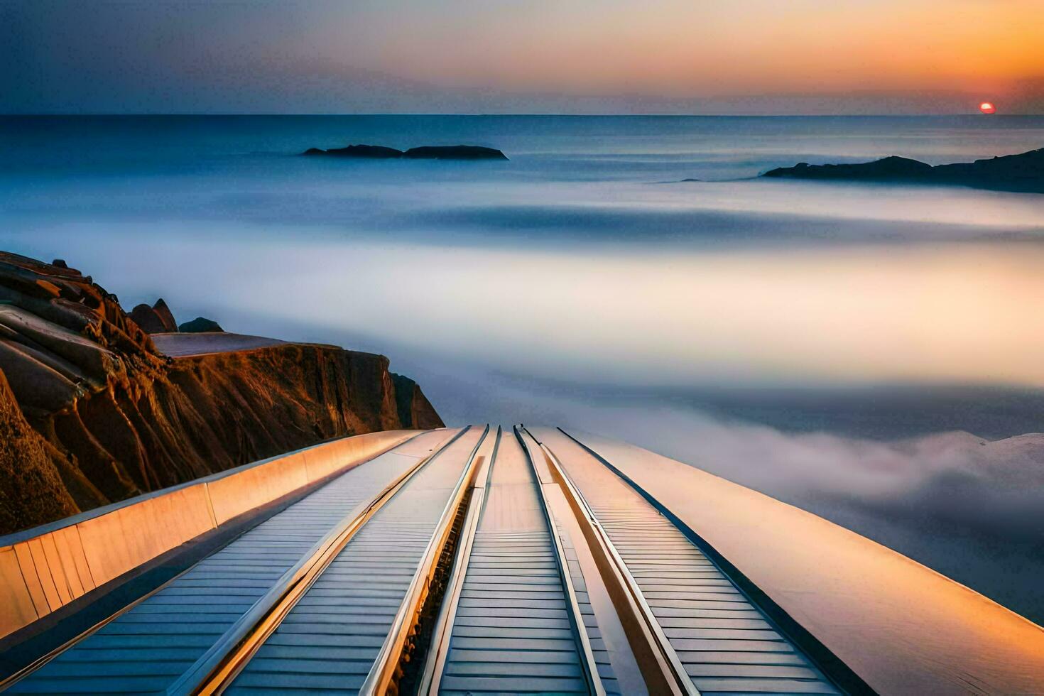 a train track leading to the ocean at sunset. AI-Generated photo