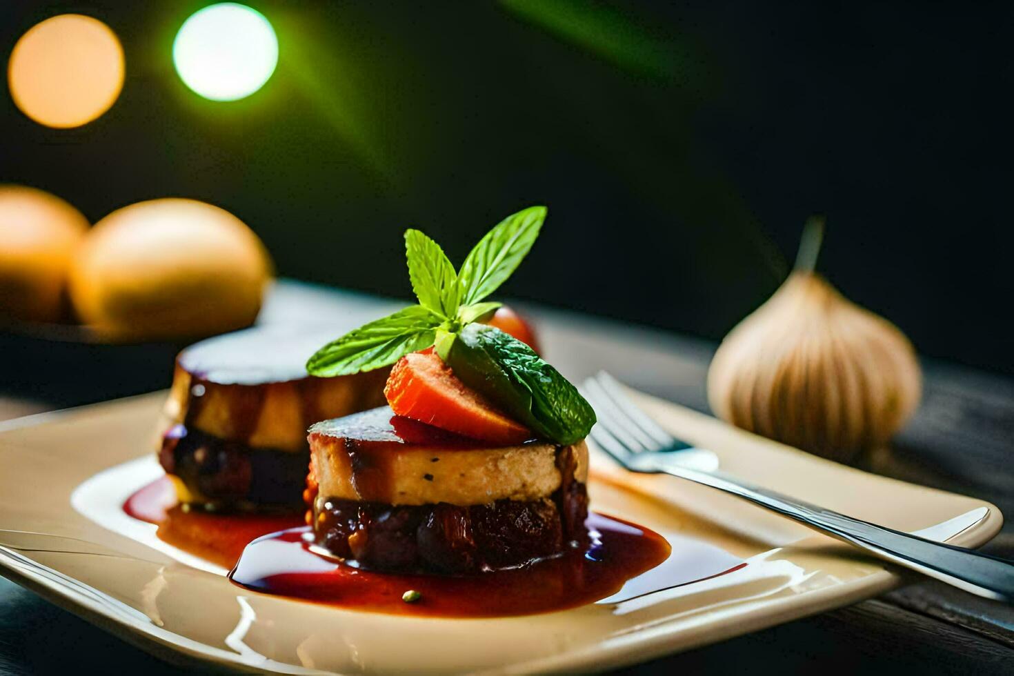 a dessert on a plate with a fork. AI-Generated photo