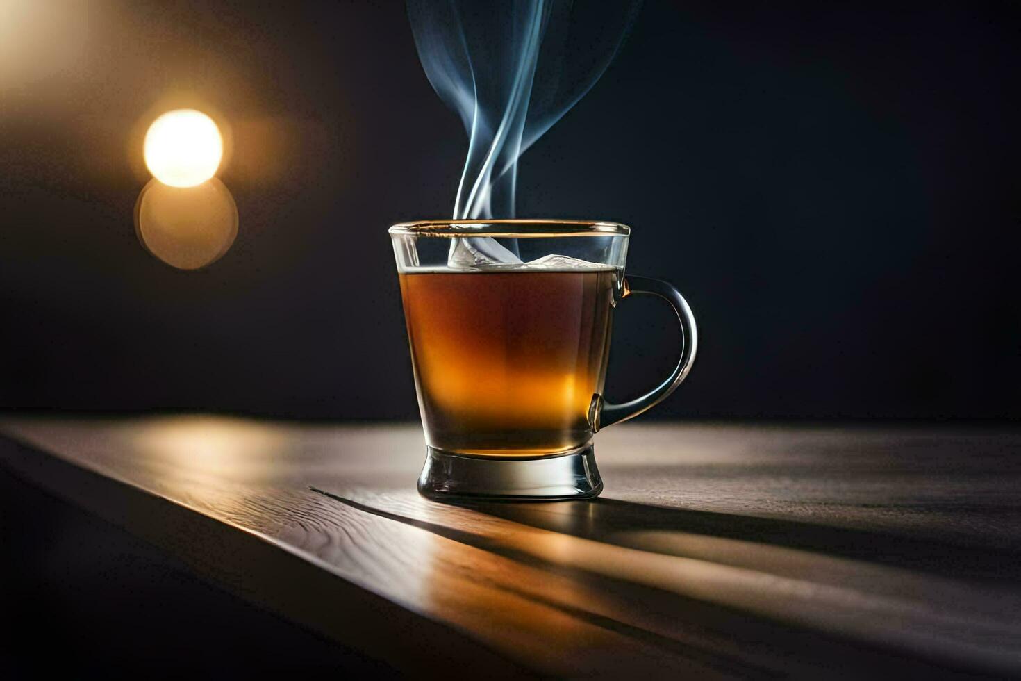 a glass of hot tea on a wooden table. AI-Generated photo