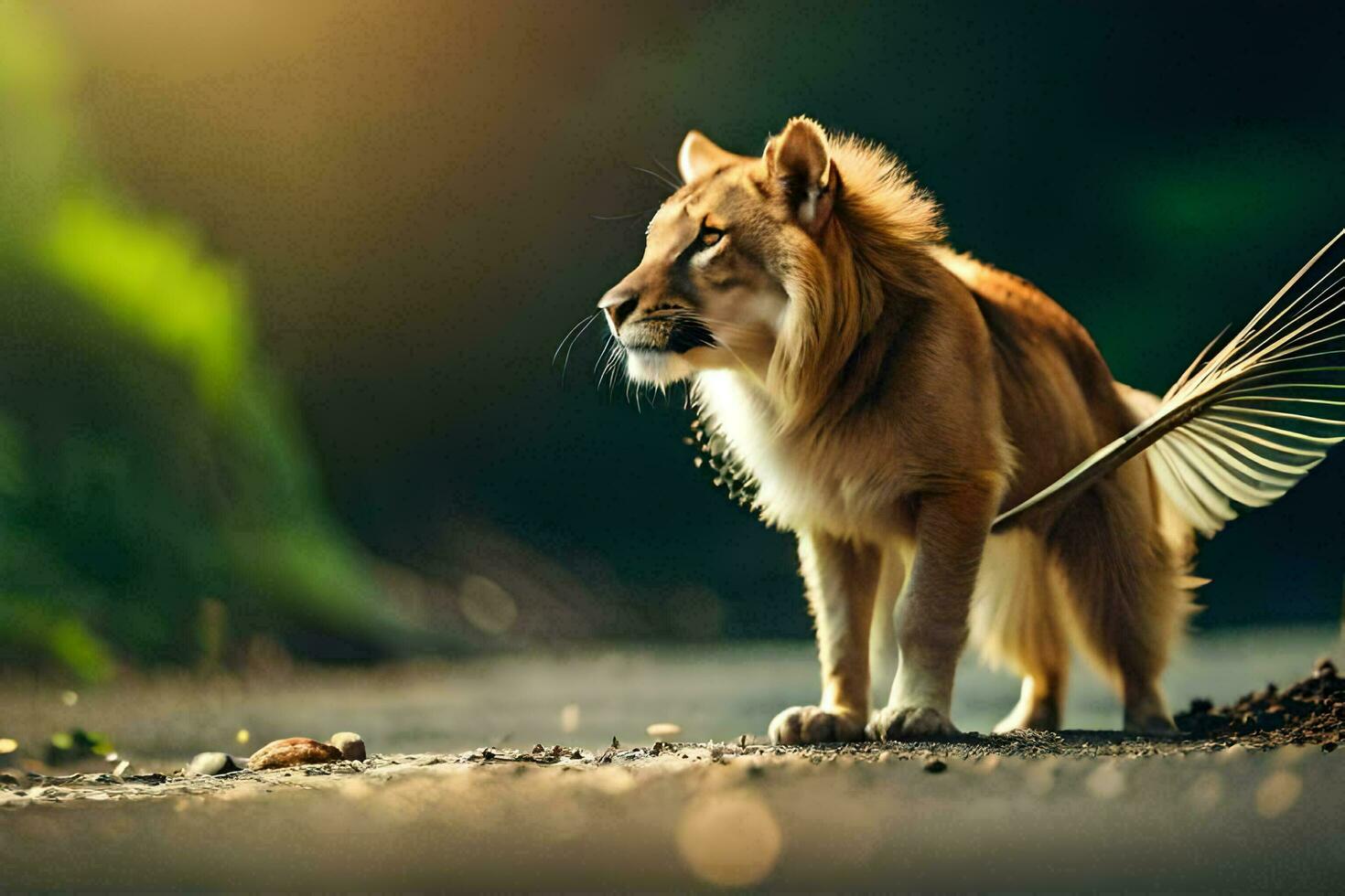 a lion standing on the road with its tail out. AI-Generated photo