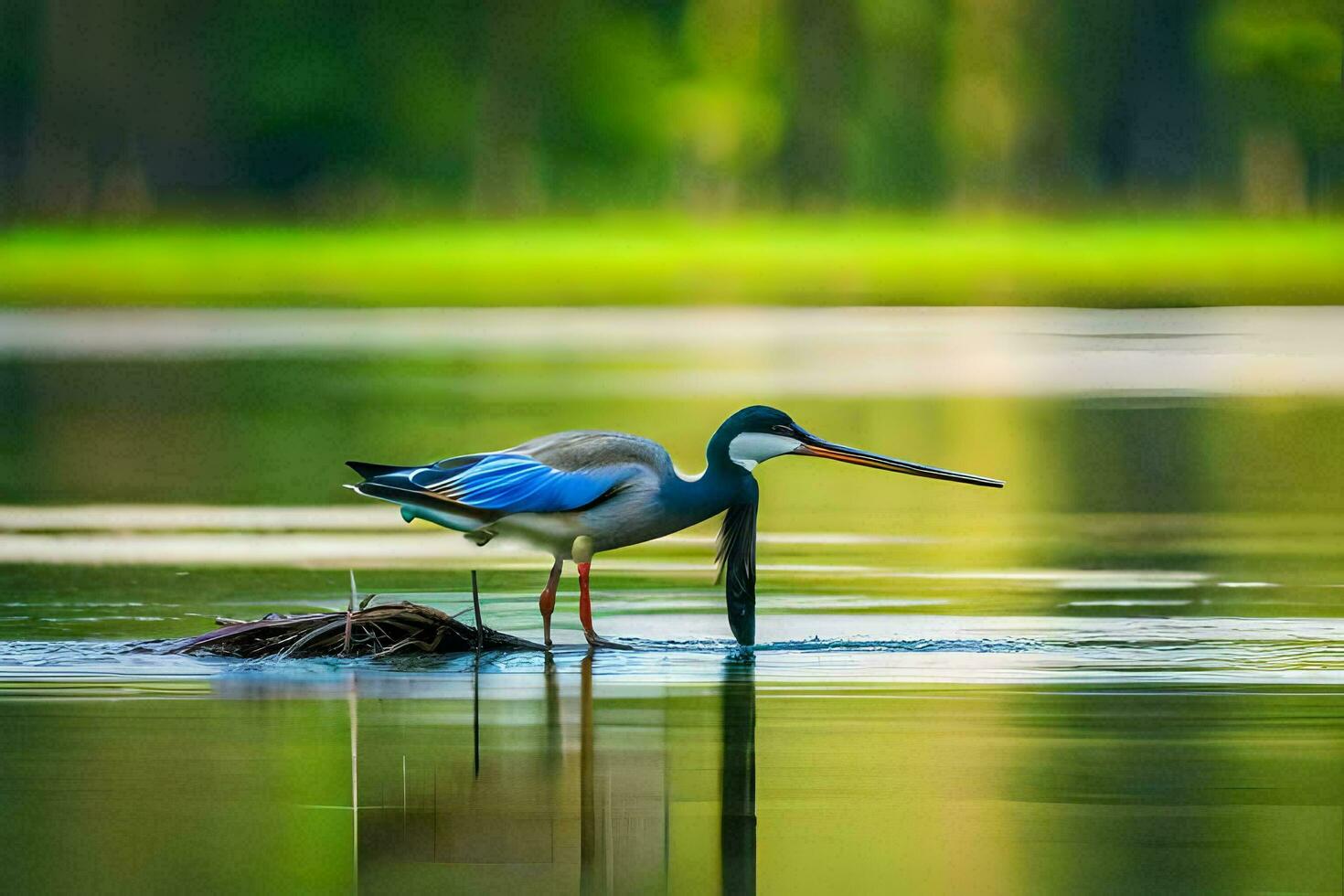 a bird with a long beak standing on a log in the water. AI-Generated photo