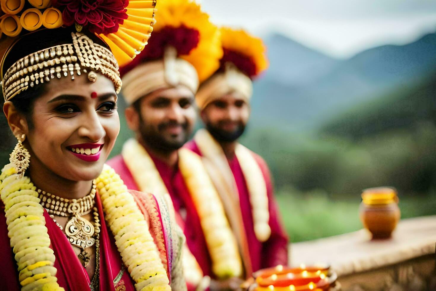 indio Boda en el montañas. generado por ai foto