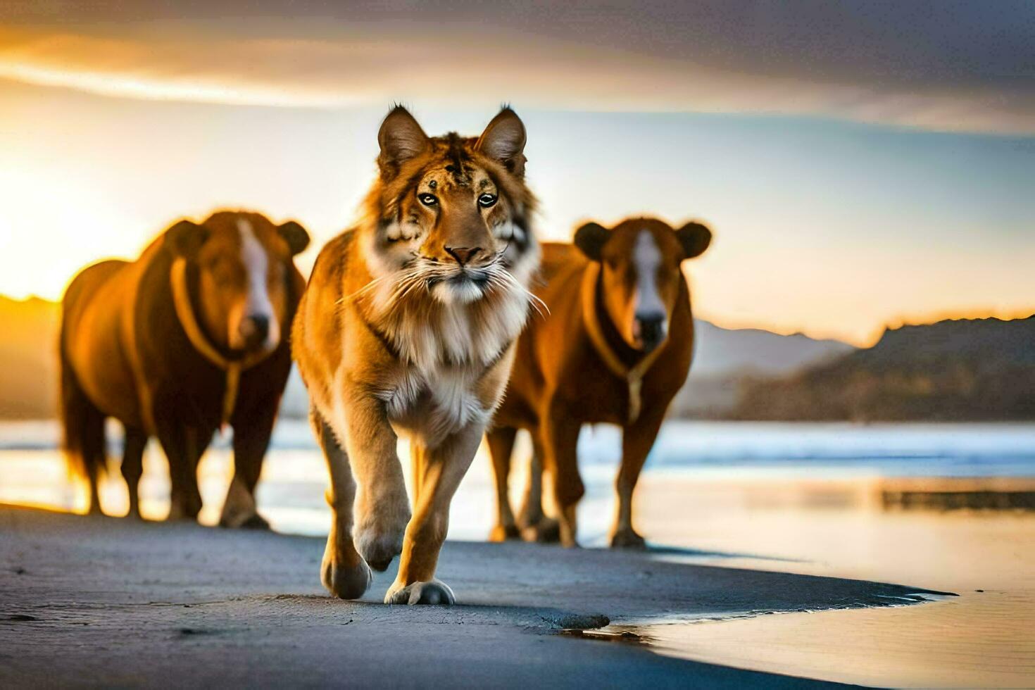 a tiger walking along the beach with two cows. AI-Generated photo