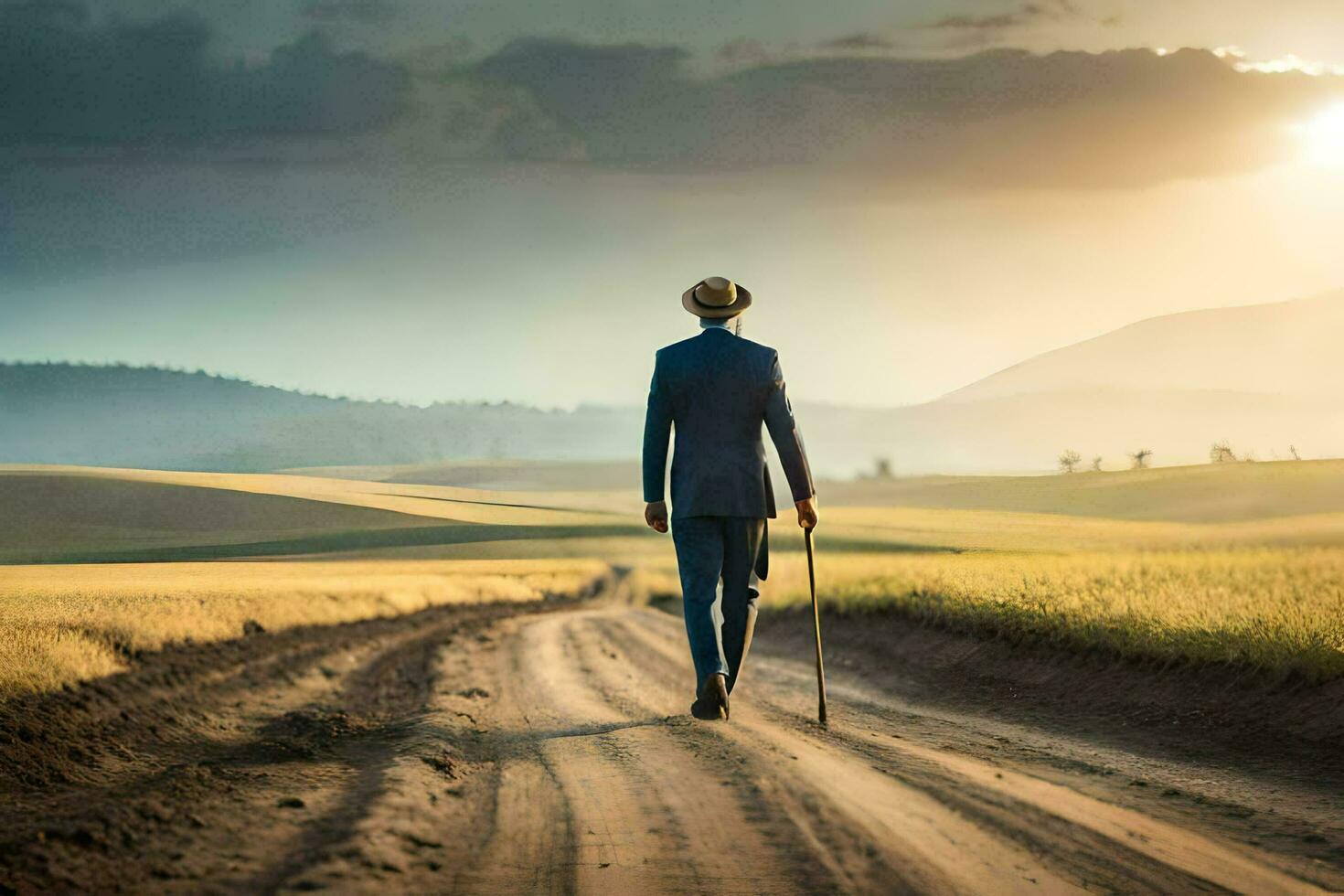 a man in a suit walks down a dirt road. AI-Generated photo
