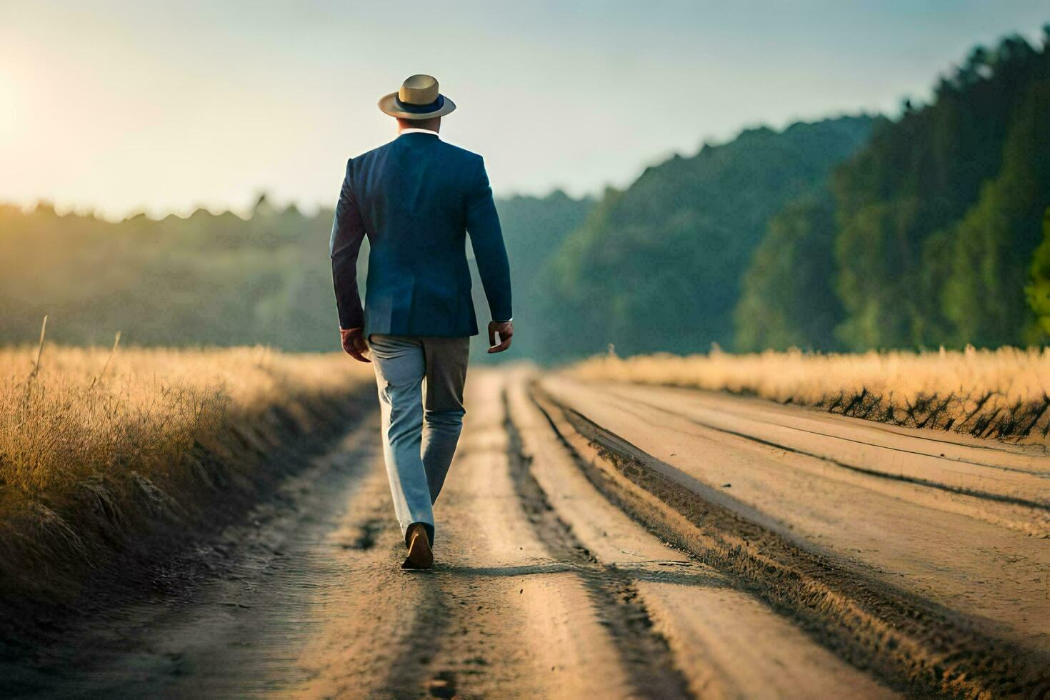 a man in a suit and hat walks down a dirt road. AI-Generated photo