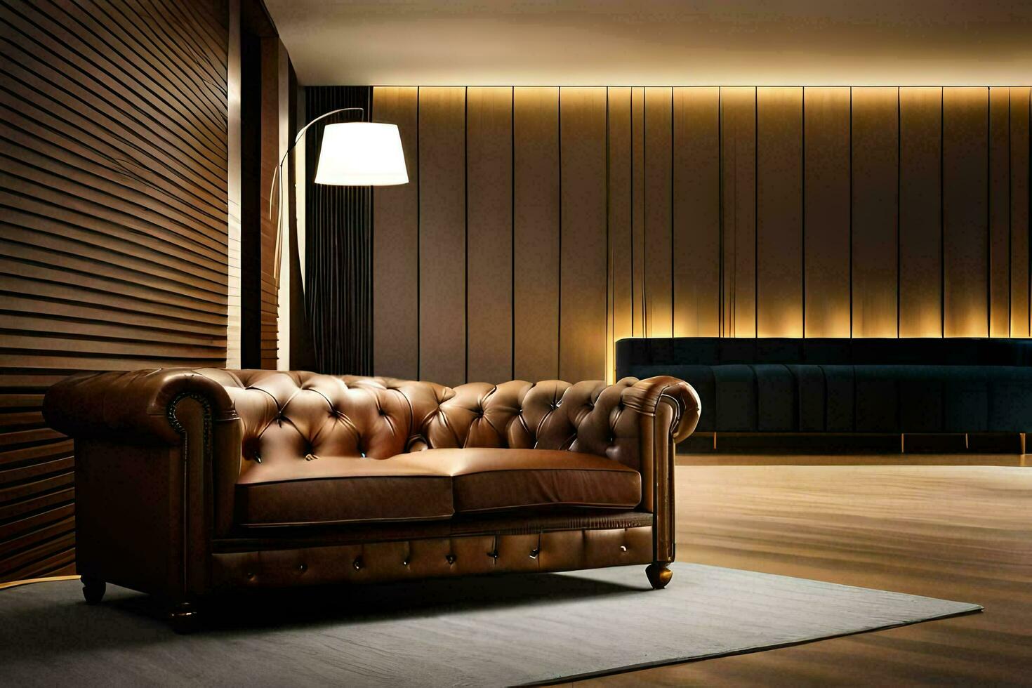 a leather sofa in a room with wood paneling. AIGenerated 32373978
