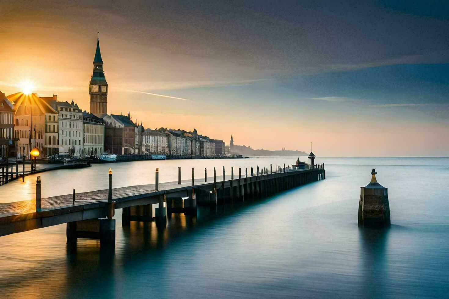 the sun is setting over a pier in copenhagen. AI-Generated photo