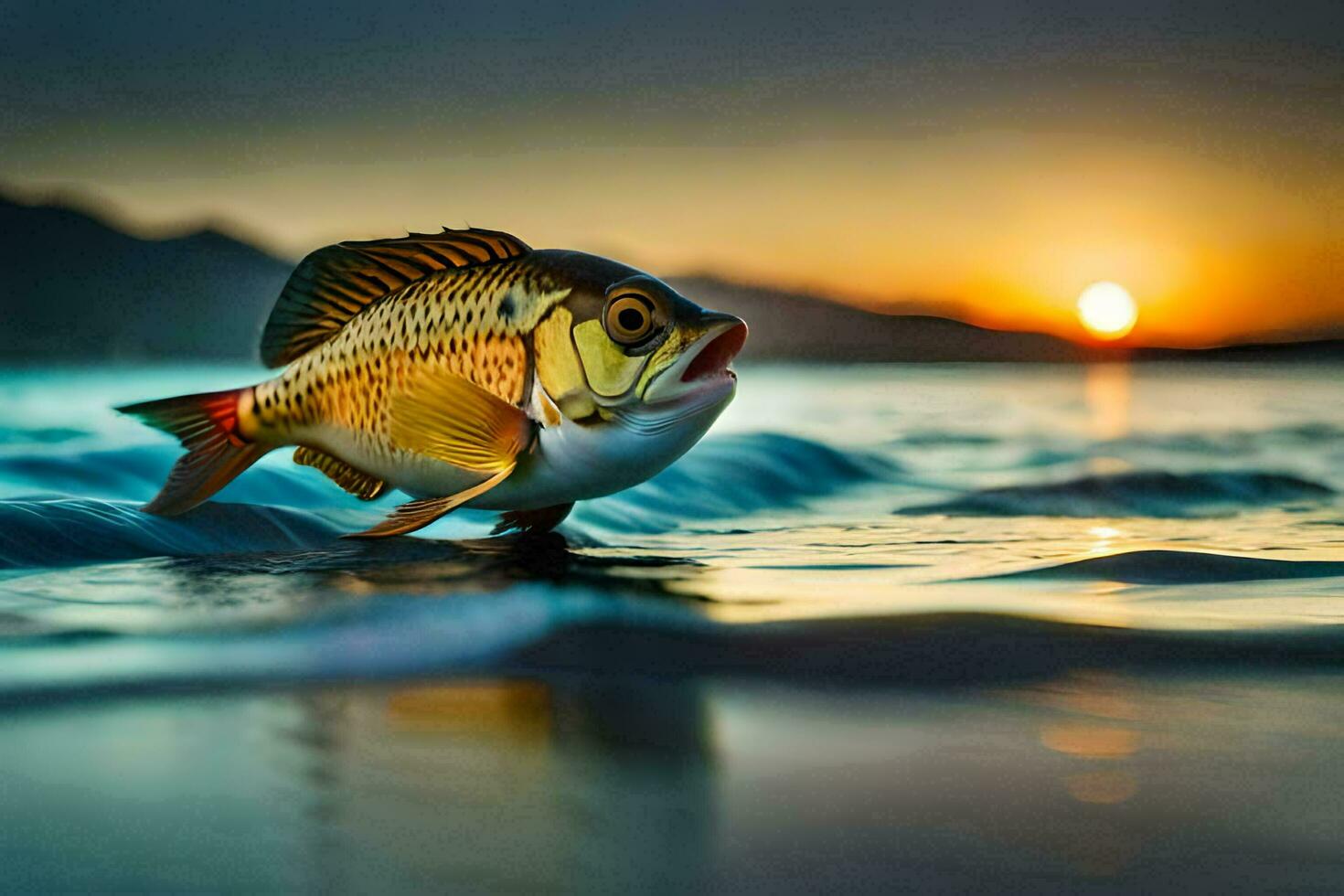 a fish is swimming in the ocean at sunset. AI-Generated photo