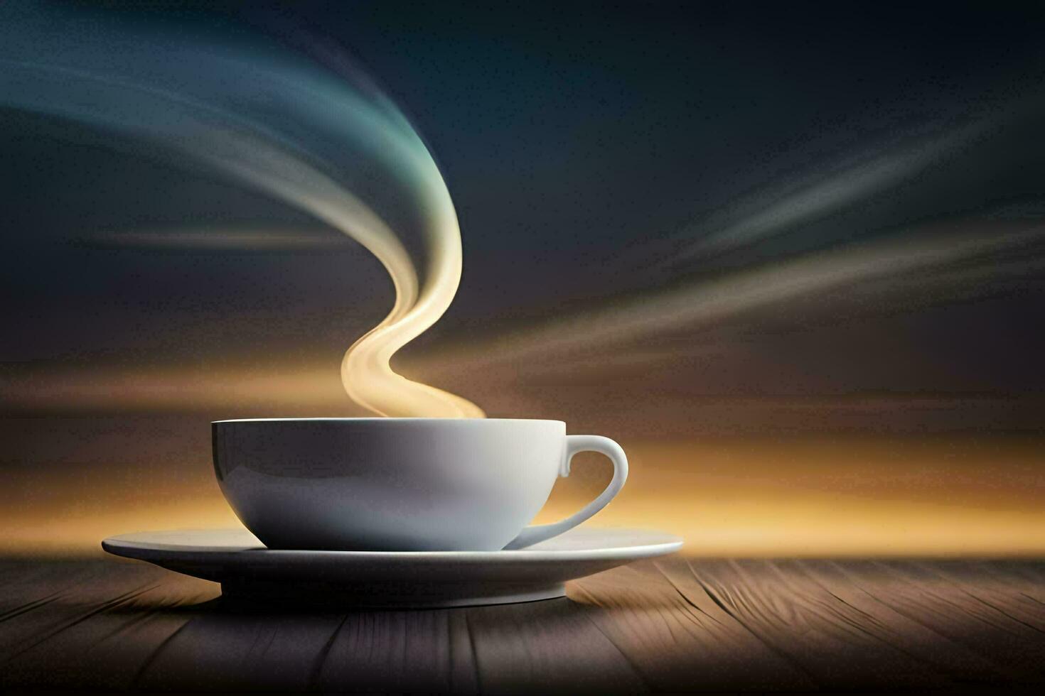 a cup of coffee on a wooden table with a smoke trail. AI-Generated photo