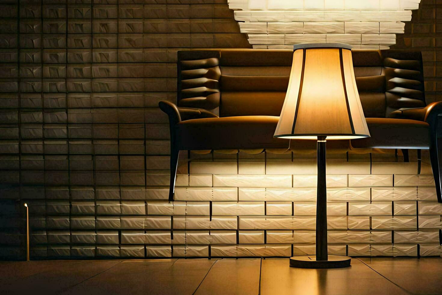 un lámpara es sentado en un silla en frente de un ladrillo pared. generado por ai foto